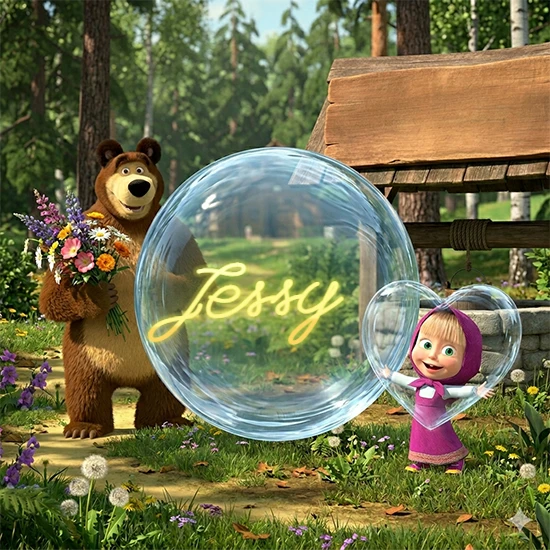 Bosque verde soleado. Gran oso de dibujos animados con corbata y flores coloridas, pozo de madera antiguo detrás. Bola de cristal transparente frente al pozo mostrando el nombre Jessy en texto amarillo suave. Bosque verde soleado. Gran oso de dibujos animados con corbata y flores coloridas, pozo de madera antiguo detrás. Bola de cristal transparente frente al pozo mostrando el nombre Jessy en texto amarillo suave.