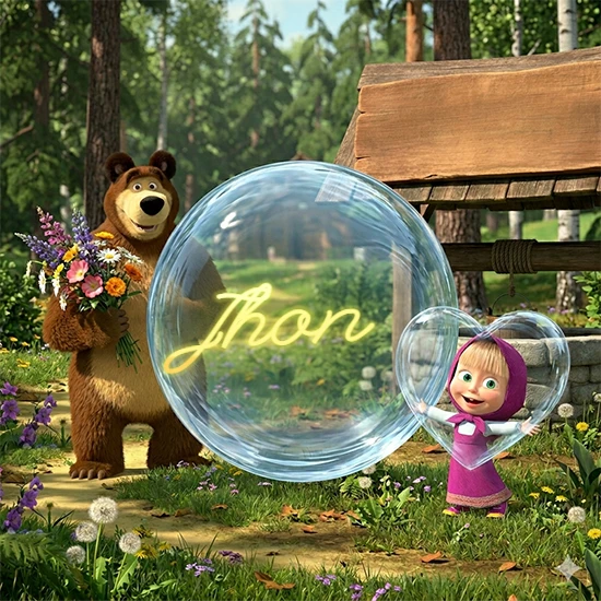 Bosque verde soleado. Gran oso de dibujos animados con corbata y flores coloridas, pozo de madera antiguo detrás. Bola de cristal transparente frente al pozo mostrando el nombre Jhon en texto amarillo suave.