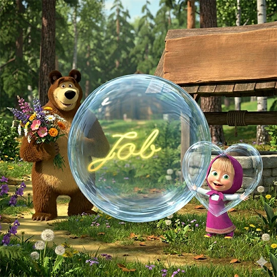 Bosque verde soleado. Gran oso de dibujos animados con corbata y flores coloridas, pozo de madera antiguo detrás. Bola de cristal transparente frente al pozo mostrando el nombre Job en texto amarillo suave.