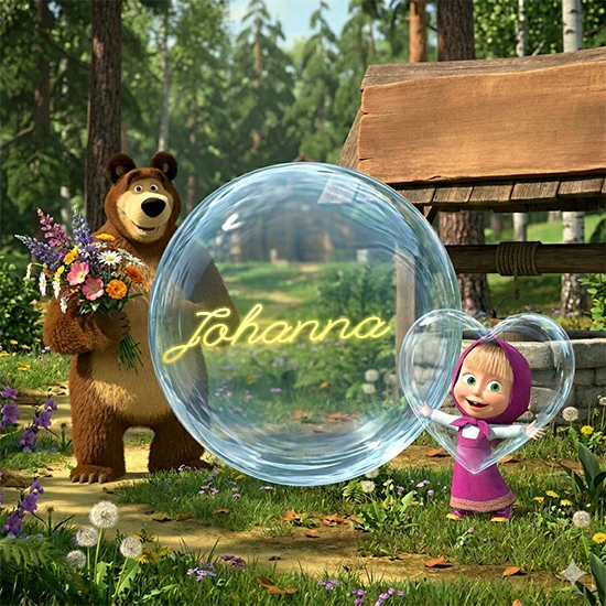 Bosque verde soleado. Gran oso de dibujos animados con corbata y flores coloridas, pozo de madera antiguo detrás. Bola de cristal transparente frente al pozo mostrando el nombre Johanna en texto amarillo suave. Bosque verde soleado. Gran oso de dibujos animados con corbata y flores coloridas, pozo de madera antiguo detrás. Bola de cristal transparente frente al pozo mostrando el nombre Johanna en texto amarillo suave.