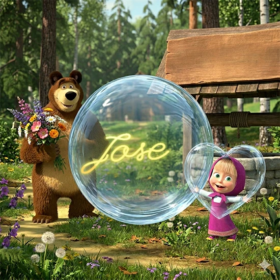 Bosque verde soleado. Gran oso de dibujos animados con corbata y flores coloridas, pozo de madera antiguo detrás. Bola de cristal transparente frente al pozo mostrando el nombre Jose en texto amarillo suave. Bosque verde soleado. Gran oso de dibujos animados con corbata y flores coloridas, pozo de madera antiguo detrás. Bola de cristal transparente frente al pozo mostrando el nombre Jose en texto amarillo suave.