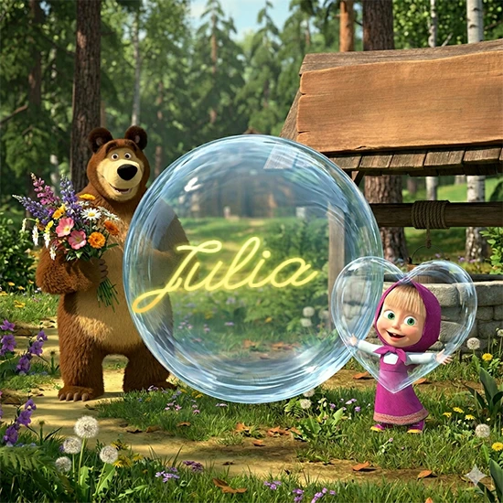 Bosque verde soleado. Gran oso de dibujos animados con corbata y flores coloridas, pozo de madera antiguo detrás. Bola de cristal transparente frente al pozo mostrando el nombre Julia en texto amarillo suave.
