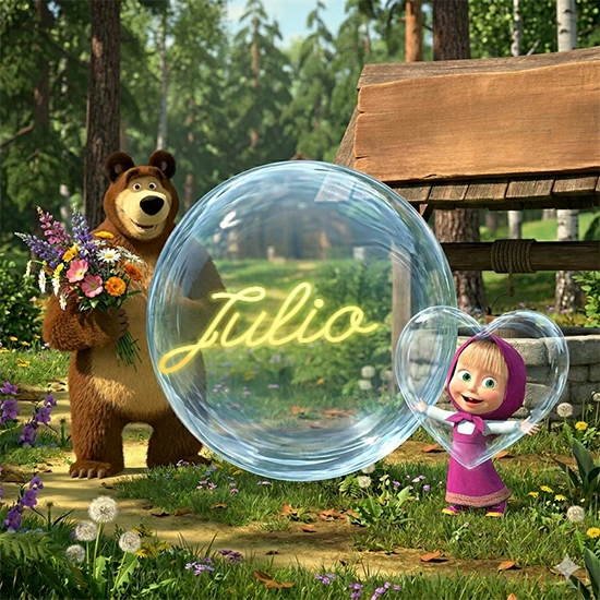 Bosque verde soleado. Gran oso de dibujos animados con corbata y flores coloridas, pozo de madera antiguo detrás. Bola de cristal transparente frente al pozo mostrando el nombre Julio en texto amarillo suave. Bosque verde soleado. Gran oso de dibujos animados con corbata y flores coloridas, pozo de madera antiguo detrás. Bola de cristal transparente frente al pozo mostrando el nombre Julio en texto amarillo suave.