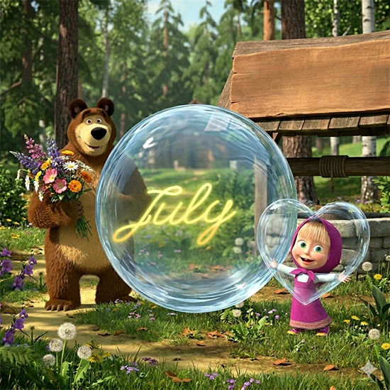 Bosque verde soleado. Gran oso de dibujos animados con corbata y flores coloridas, pozo de madera antiguo detrás. Bola de cristal transparente frente al pozo mostrando el nombre July en texto amarillo suave.