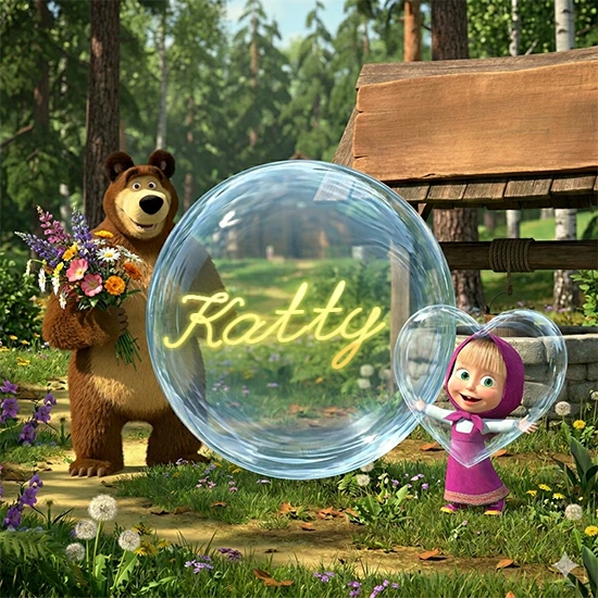 Bosque verde soleado. Gran oso de dibujos animados con corbata y flores coloridas, pozo de madera antiguo detrás. Bola de cristal transparente frente al pozo mostrando el nombre Katty en texto amarillo suave.