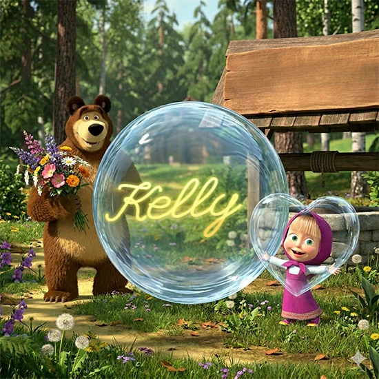 Bosque verde soleado. Gran oso de dibujos animados con corbata y flores coloridas, pozo de madera antiguo detrás. Bola de cristal transparente frente al pozo mostrando el nombre Kelly en texto amarillo suave.