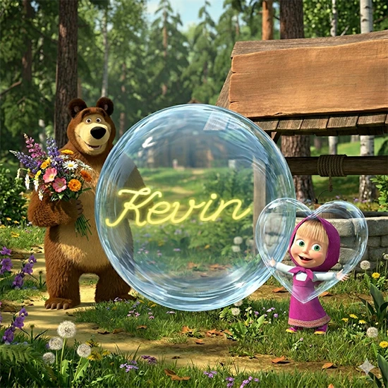 Bosque verde soleado. Gran oso de dibujos animados con corbata y flores coloridas, pozo de madera antiguo detrás. Bola de cristal transparente frente al pozo mostrando el nombre Kevin en texto amarillo suave.