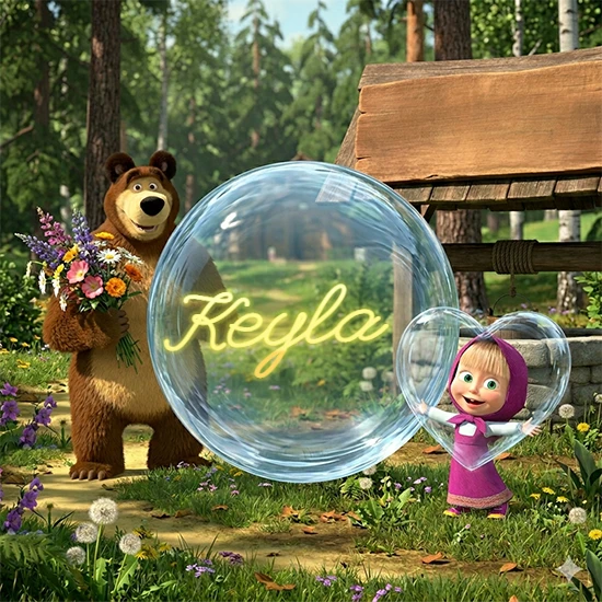 Bosque verde soleado. Gran oso de dibujos animados con corbata y flores coloridas, pozo de madera antiguo detrás. Bola de cristal transparente frente al pozo mostrando el nombre Keyla en texto amarillo suave.