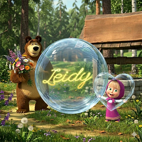 Bosque verde soleado. Gran oso de dibujos animados con corbata y flores coloridas, pozo de madera antiguo detrás. Bola de cristal transparente frente al pozo mostrando el nombre Leidy en texto amarillo suave.