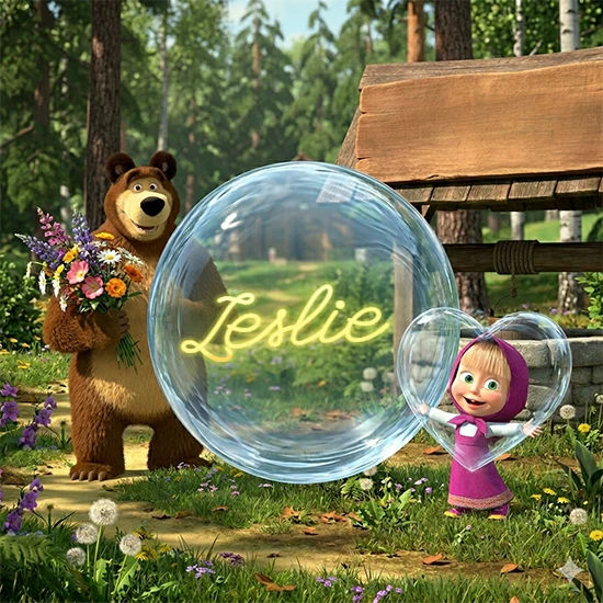 Bosque verde soleado. Gran oso de dibujos animados con corbata y flores coloridas, pozo de madera antiguo detrás. Bola de cristal transparente frente al pozo mostrando el nombre Leslie en texto amarillo suave.