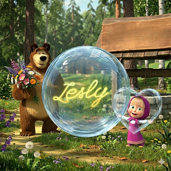 Bosque verde soleado. Gran oso de dibujos animados con corbata y flores coloridas, pozo de madera antiguo detrás. Bola de cristal transparente frente al pozo mostrando el nombre Lesly en texto amarillo suave.