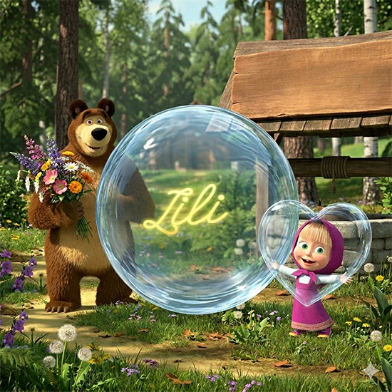 Bosque verde soleado. Gran oso de dibujos animados con corbata y flores coloridas, pozo de madera antiguo detrás. Bola de cristal transparente frente al pozo mostrando el nombre Lili en texto amarillo suave.