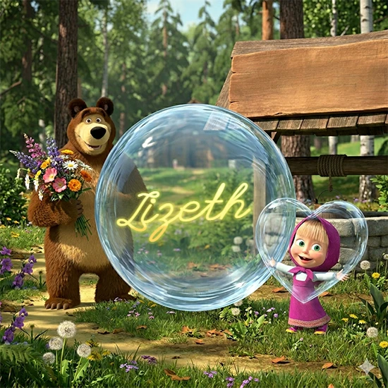 Bosque verde soleado. Gran oso de dibujos animados con corbata y flores coloridas, pozo de madera antiguo detrás. Bola de cristal transparente frente al pozo mostrando el nombre Lizeth en texto amarillo suave.