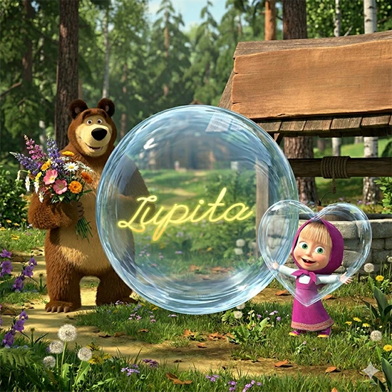 Bosque verde soleado. Gran oso de dibujos animados con corbata y flores coloridas, pozo de madera antiguo detrás. Bola de cristal transparente frente al pozo mostrando el nombre Lupita en texto amarillo suave.