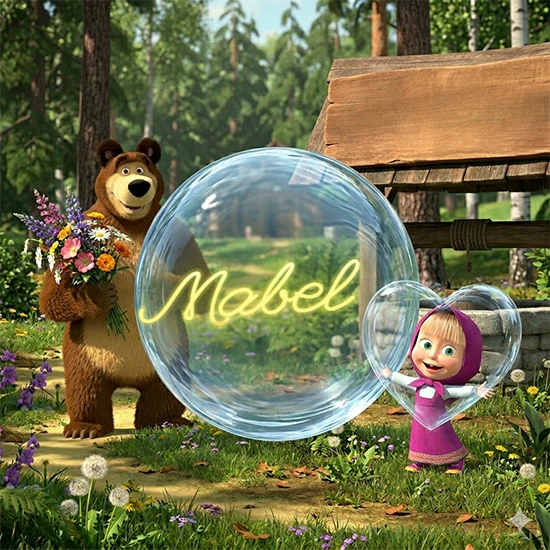 Bosque verde soleado. Gran oso de dibujos animados con corbata y flores coloridas, pozo de madera antiguo detrás. Bola de cristal transparente frente al pozo mostrando el nombre Mabel en texto amarillo suave.