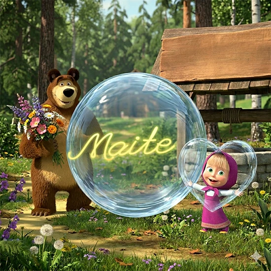 Bosque verde soleado. Gran oso de dibujos animados con corbata y flores coloridas, pozo de madera antiguo detrás. Bola de cristal transparente frente al pozo mostrando el nombre Maite en texto amarillo suave.