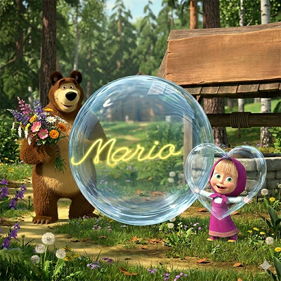 Bosque verde soleado. Gran oso de dibujos animados con corbata y flores coloridas, pozo de madera antiguo detrás. Bola de cristal transparente frente al pozo mostrando el nombre Mario en texto amarillo suave.