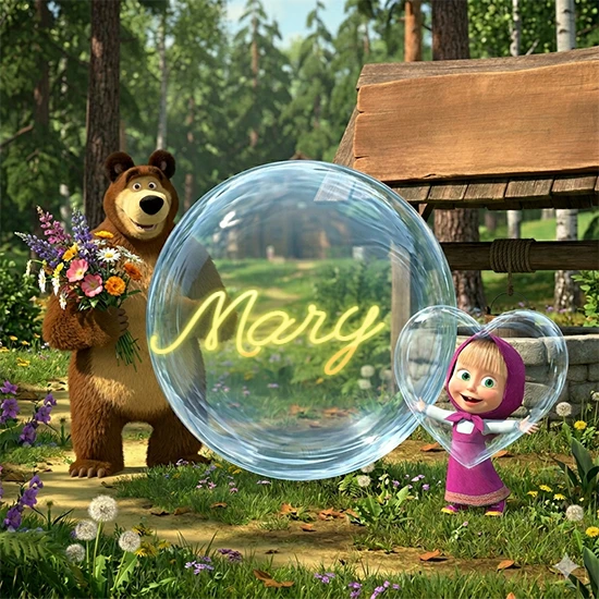 Bosque verde soleado. Gran oso de dibujos animados con corbata y flores coloridas, pozo de madera antiguo detrás. Bola de cristal transparente frente al pozo mostrando el nombre Mary en texto amarillo suave.