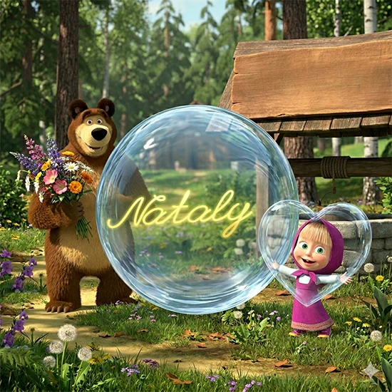 Bosque verde soleado. Gran oso de dibujos animados con corbata y flores coloridas, pozo de madera antiguo detrás. Bola de cristal transparente frente al pozo mostrando el nombre Nataly en texto amarillo suave.