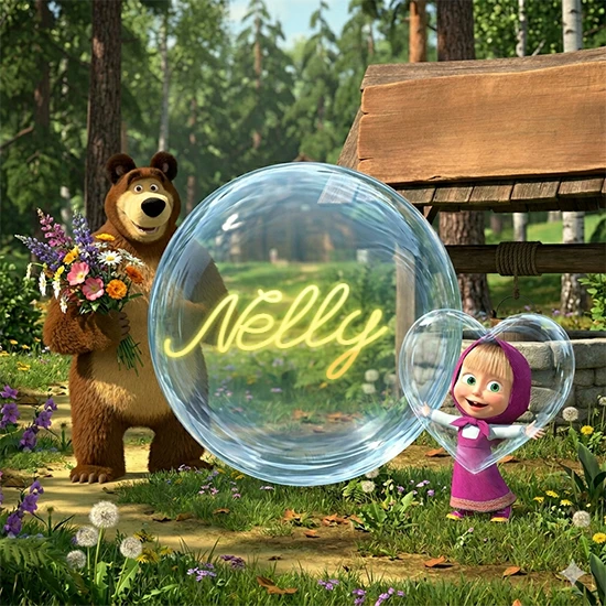 Bosque verde soleado. Gran oso de dibujos animados con corbata y flores coloridas, pozo de madera antiguo detrás. Bola de cristal transparente frente al pozo mostrando el nombre Nelly en texto amarillo suave.