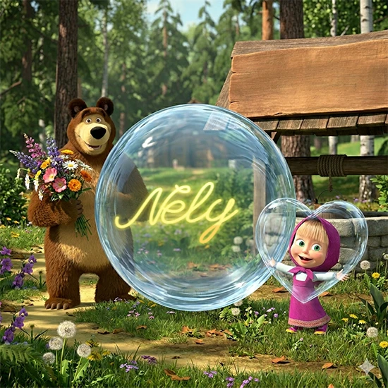 Bosque verde soleado. Gran oso de dibujos animados con corbata y flores coloridas, pozo de madera antiguo detrás. Bola de cristal transparente frente al pozo mostrando el nombre Nely en texto amarillo suave.