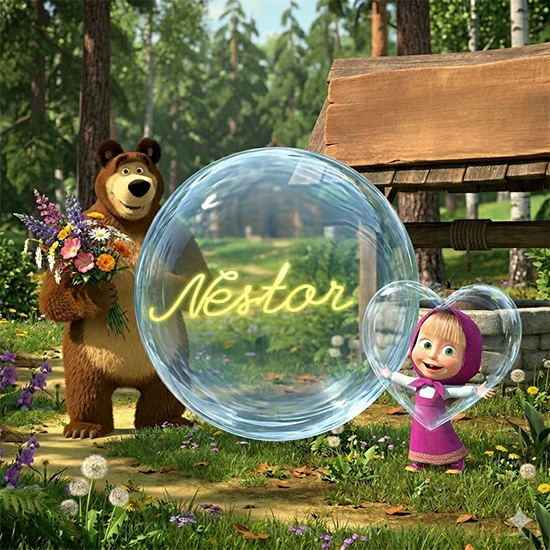 Bosque verde soleado. Gran oso de dibujos animados con corbata y flores coloridas, pozo de madera antiguo detrás. Bola de cristal transparente frente al pozo mostrando el nombre Nestor en texto amarillo suave.