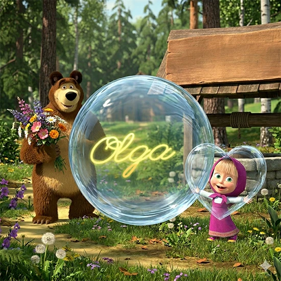 Bosque verde soleado. Gran oso de dibujos animados con corbata y flores coloridas, pozo de madera antiguo detrás. Bola de cristal transparente frente al pozo mostrando el nombre Olga en texto amarillo suave.