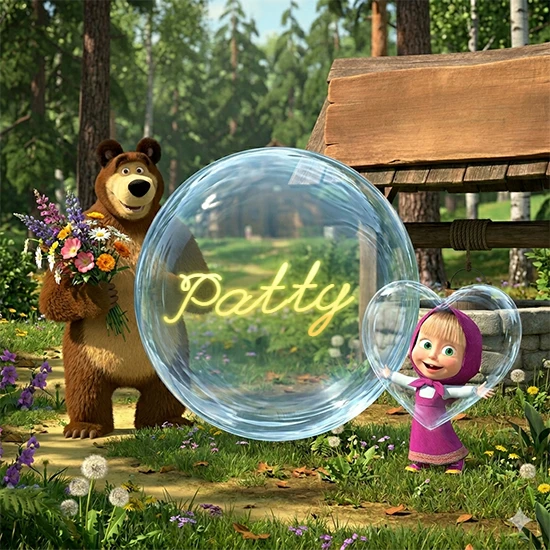 Bosque verde soleado. Gran oso de dibujos animados con corbata y flores coloridas, pozo de madera antiguo detrás. Bola de cristal transparente frente al pozo mostrando el nombre Patty en texto amarillo suave.