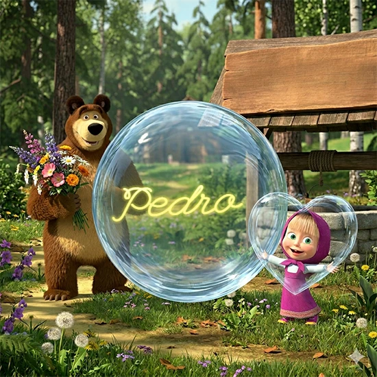 Bosque verde soleado. Gran oso de dibujos animados con corbata y flores coloridas, pozo de madera antiguo detrás. Bola de cristal transparente frente al pozo mostrando el nombre Pedro en texto amarillo suave.