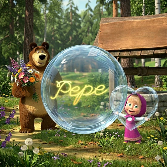 Bosque verde soleado. Gran oso de dibujos animados con corbata y flores coloridas, pozo de madera antiguo detrás. Bola de cristal transparente frente al pozo mostrando el nombre Pepe en texto amarillo suave.