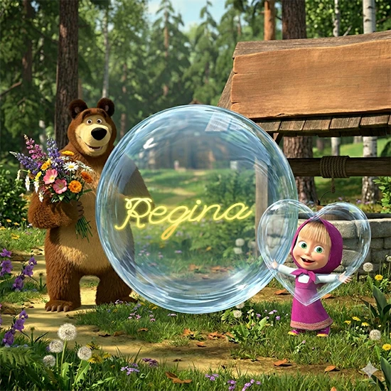 Bosque verde soleado. Gran oso de dibujos animados con corbata y flores coloridas, pozo de madera antiguo detrás. Bola de cristal transparente frente al pozo mostrando el nombre Regina en texto amarillo suave.