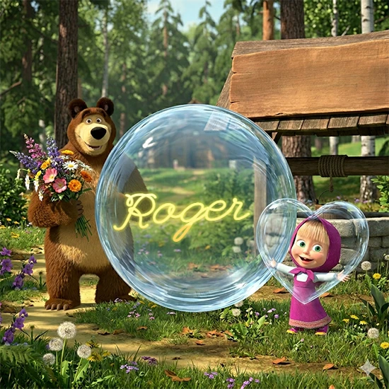 Bosque verde soleado. Gran oso de dibujos animados con corbata y flores coloridas, pozo de madera antiguo detrás. Bola de cristal transparente frente al pozo mostrando el nombre Roger en texto amarillo suave.