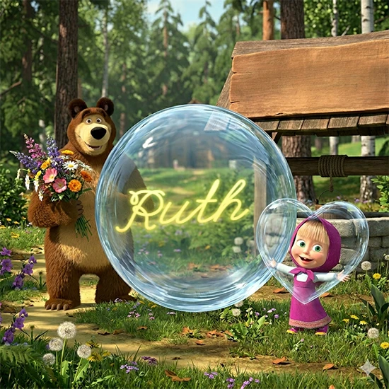 Bosque verde soleado. Gran oso de dibujos animados con corbata y flores coloridas, pozo de madera antiguo detrás. Bola de cristal transparente frente al pozo mostrando el nombre Ruth en texto amarillo suave.