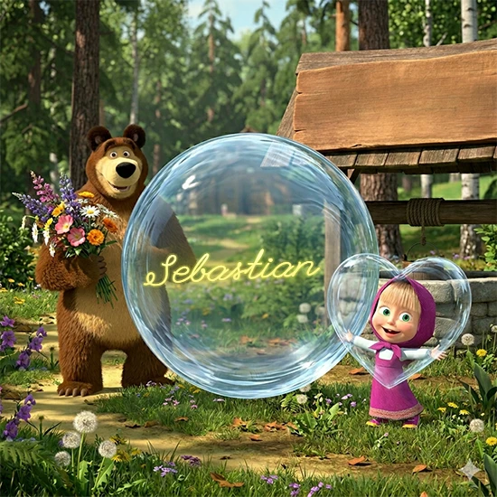 Bosque verde soleado. Gran oso de dibujos animados con corbata y flores coloridas, pozo de madera antiguo detrás. Bola de cristal transparente frente al pozo mostrando el nombre Sebastian en texto amarillo suave. Bosque verde soleado. Gran oso de dibujos animados con corbata y flores coloridas, pozo de madera antiguo detrás. Bola de cristal transparente frente al pozo mostrando el nombre Sebastian en texto amarillo suave.