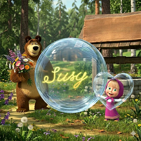 Bosque verde soleado. Gran oso de dibujos animados con corbata y flores coloridas, pozo de madera antiguo detrás. Bola de cristal transparente frente al pozo mostrando el nombre Susy en texto amarillo suave.