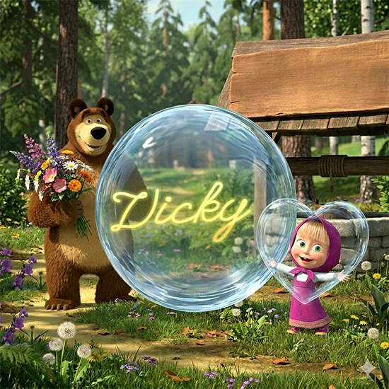 Bosque verde soleado. Gran oso de dibujos animados con corbata y flores coloridas, pozo de madera antiguo detrás. Bola de cristal transparente frente al pozo mostrando el nombre Vicky en texto amarillo suave.