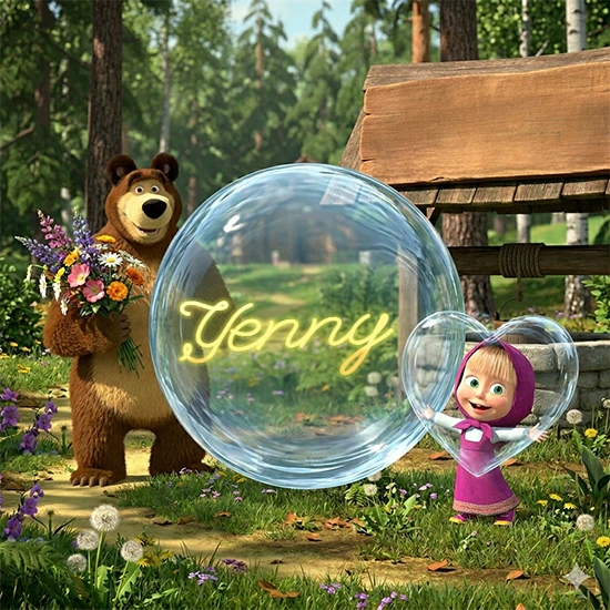 Bosque verde soleado. Gran oso de dibujos animados con corbata y flores coloridas, pozo de madera antiguo detrás. Bola de cristal transparente frente al pozo mostrando el nombre Yenny en texto amarillo suave.