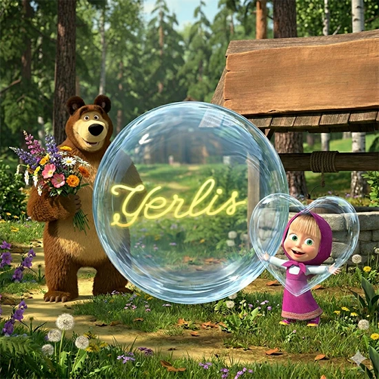 Bosque verde soleado. Gran oso de dibujos animados con corbata y flores coloridas, pozo de madera antiguo detrás. Bola de cristal transparente frente al pozo mostrando el nombre Yerlis en texto amarillo suave.