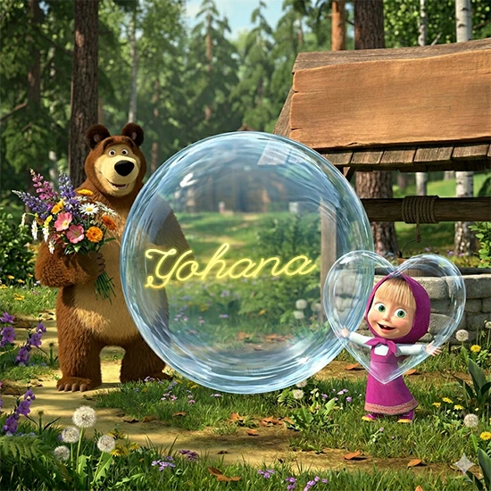 Bosque verde soleado. Gran oso de dibujos animados con corbata y flores coloridas, pozo de madera antiguo detrás. Bola de cristal transparente frente al pozo mostrando el nombre Yohana en texto amarillo suave.