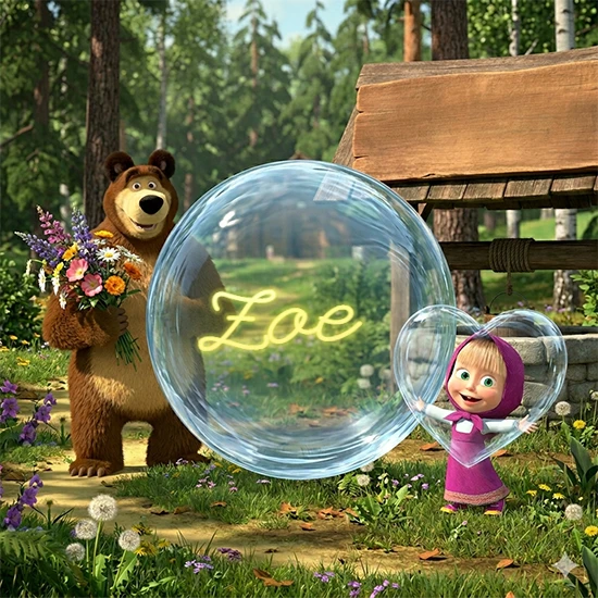 Bosque verde soleado. Gran oso de dibujos animados con corbata y flores coloridas, pozo de madera antiguo detrás. Bola de cristal transparente frente al pozo mostrando el nombre Zoe en texto amarillo suave.