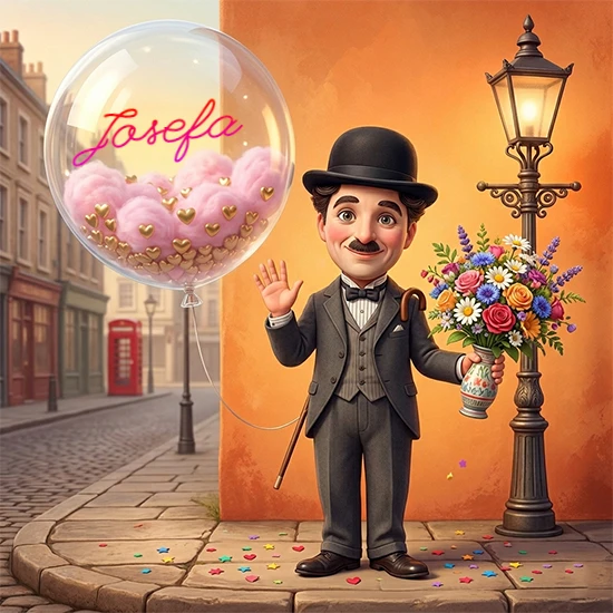 Calle antigua de Londres de piedra. Hombre elegante estilo Charlie Chaplin con traje gris y flores. Bola de cristal flotante con algodón rosa y corazones dorados mostrando el nombre Josefa en letra rosa elegante.