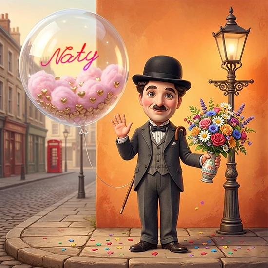 Calle antigua de Londres de piedra. Hombre elegante estilo Charlie Chaplin con traje gris y flores. Bola de cristal flotante con algodón rosa y corazones dorados mostrando el nombre Naty en letra rosa elegante. Calle antigua de Londres de piedra. Hombre elegante estilo Charlie Chaplin con traje gris y flores. Bola de cristal flotante con algodón rosa y corazones dorados mostrando el nombre Naty en letra rosa elegante.