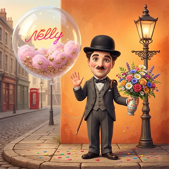 Calle antigua de Londres de piedra. Hombre elegante estilo Charlie Chaplin con traje gris y flores. Bola de cristal flotante con algodón rosa y corazones dorados mostrando el nombre Nelly en letra rosa elegante.