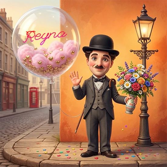 Calle antigua de Londres de piedra. Hombre elegante estilo Charlie Chaplin con traje gris y flores. Bola de cristal flotante con algodón rosa y corazones dorados mostrando el nombre Reyna en letra rosa elegante.