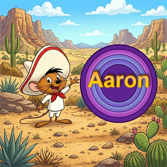 Desierto de dibujos animados con rocas y montañas. Lindo ratón con sombrero mexicano y camisa blanca apuntando a una gran pantalla circular morada que muestra el nombre Aaron en amarillo brillante.