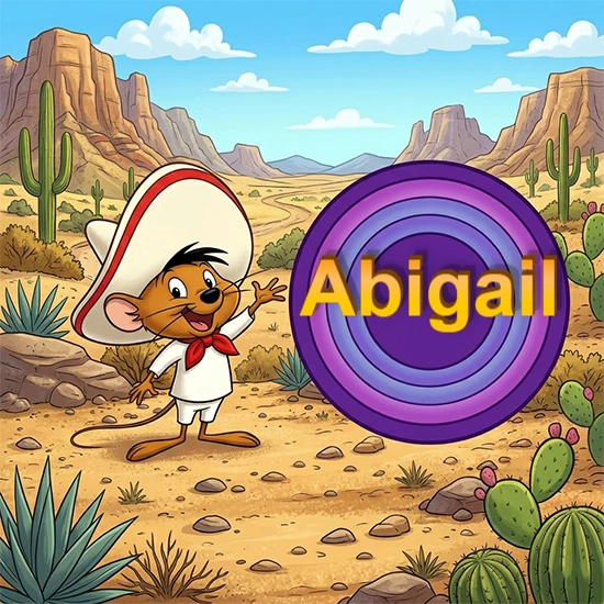 Desierto de dibujos animados con rocas y montañas. Lindo ratón con sombrero mexicano y camisa blanca apuntando a una gran pantalla circular morada que muestra el nombre Abigail en amarillo brillante. Desierto de dibujos animados con rocas y montañas. Lindo ratón con sombrero mexicano y camisa blanca apuntando a una gran pantalla circular morada que muestra el nombre Abigail en amarillo brillante.