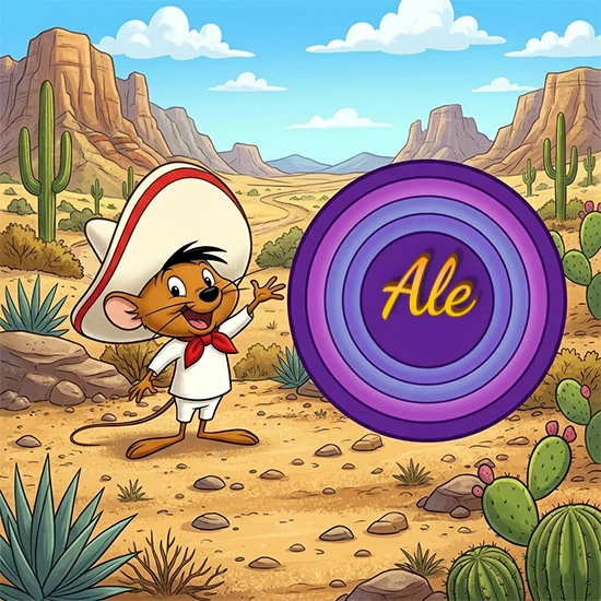 Desierto de dibujos animados con rocas y montañas. Lindo ratón con sombrero mexicano y camisa blanca apuntando a una gran pantalla circular morada que muestra el nombre Ale en amarillo brillante.