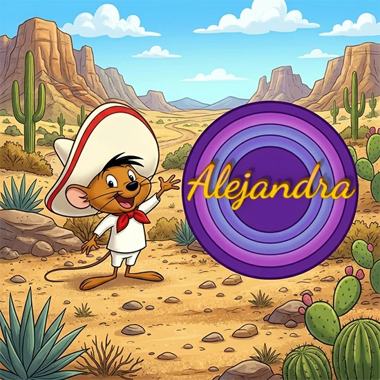 Desierto de dibujos animados con rocas y montañas. Lindo ratón con sombrero mexicano y camisa blanca apuntando a una gran pantalla circular morada que muestra el nombre Alejandra en amarillo brillante.