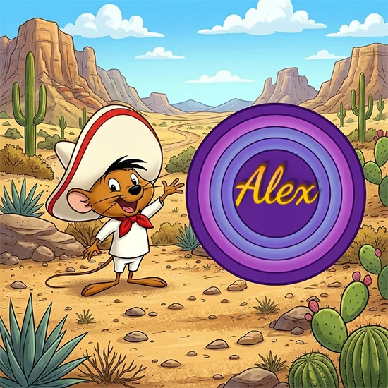 Desierto de dibujos animados con rocas y montañas. Lindo ratón con sombrero mexicano y camisa blanca apuntando a una gran pantalla circular morada que muestra el nombre Alex en amarillo brillante.