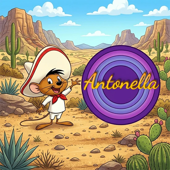 Desierto de dibujos animados con rocas y montañas. Lindo ratón con sombrero mexicano y camisa blanca apuntando a una gran pantalla circular morada que muestra el nombre Antonella en amarillo brillante. Desierto de dibujos animados con rocas y montañas. Lindo ratón con sombrero mexicano y camisa blanca apuntando a una gran pantalla circular morada que muestra el nombre Antonella en amarillo brillante.